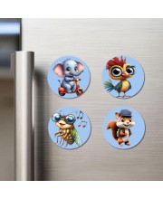 Elephant, Bird, Bee, and Squirrel. Fridge Magnets 4 Piece Set | 3 Inch Round Wall Fridge Decor (F23064)