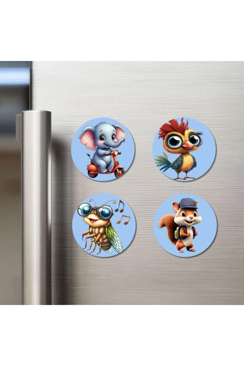 Elephant, Bird, Bee, and Squirrel. Fridge Magnets 4 Piece Set | 3 Inch Round Wall Fridge Decor (F23064)