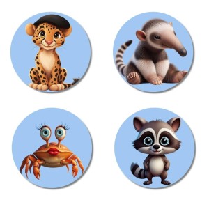 Leopard, Anteater, Crab, and Raccoon. Fridge Magnets 4 Piece Set | 3 Inch Round Wall Fridge Decor (F23147)