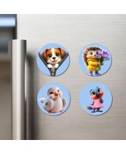 Dog, Hedgehog, Chick, and Bird. Fridge Magnets 4 Piece Set | 3 Inch Round Wall Fridge Decor (F23077)
