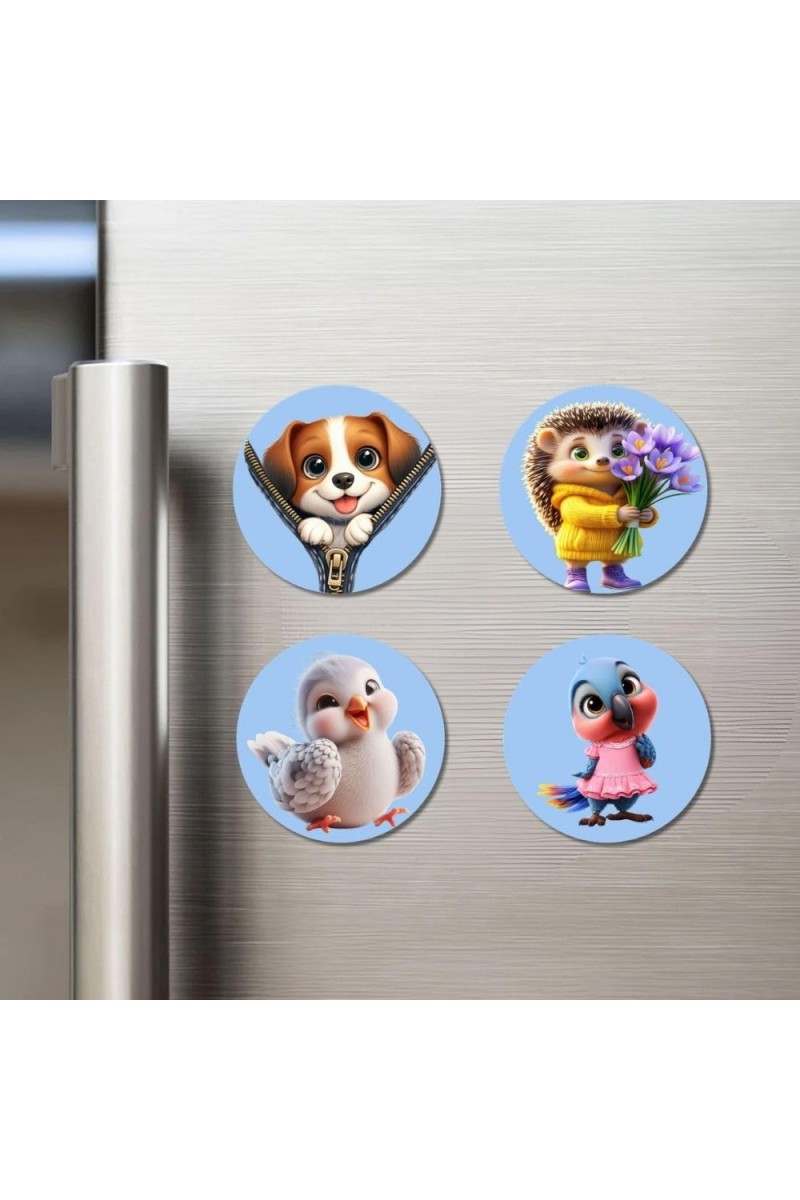 Dog, Hedgehog, Chick, and Bird. Fridge Magnets 4 Piece Set | 3 Inch Round Wall Fridge Decor (F23077)