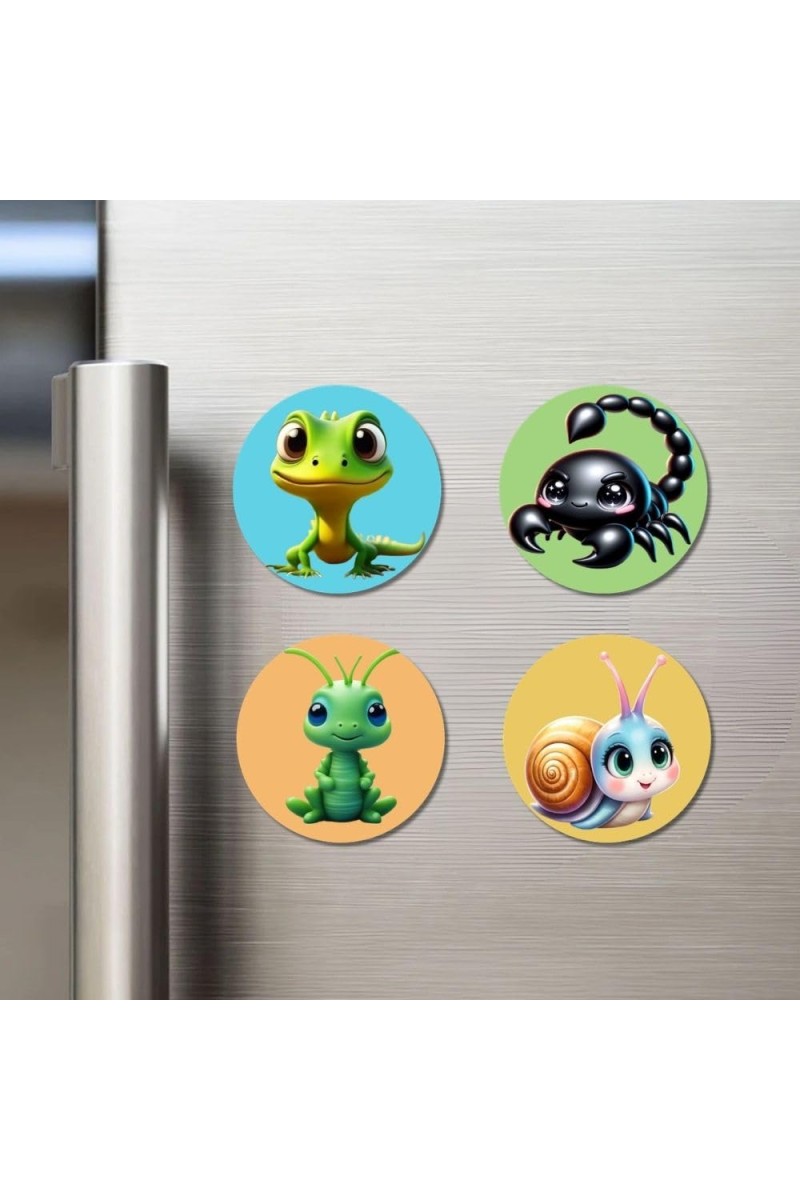Lizard, Scorpion, Grasshopper, and Snail. Fridge Magnets 4 Piece Set | 3 Inch Round Wall Fridge Decor (F22943)