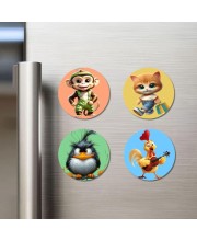 Monkey, Cat, Bird, and Rooster. Fridge Magnets 4 Piece Set | 3 Inch Round Wall Fridge Decor (F23011)