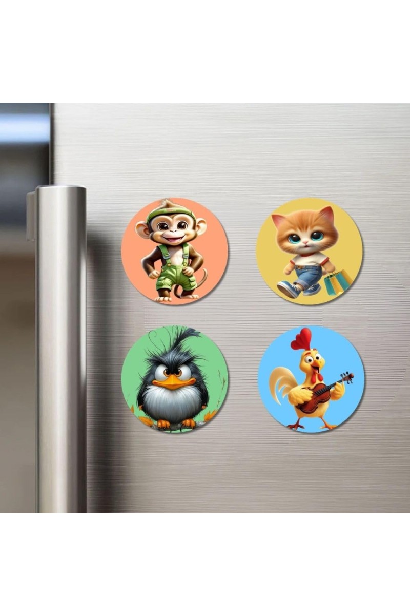 Monkey, Cat, Bird, and Rooster. Fridge Magnets 4 Piece Set | 3 Inch Round Wall Fridge Decor (F23011)