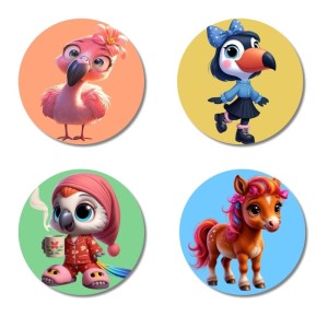 Flamingo, Toucan, Parrot, Horse Fridge Magnets 4 Piece Set | 3 Inch Round Wall Fridge Decor (F23028)