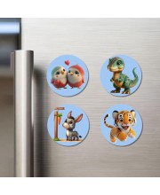 Birds, Dinosaur, Donkey, and Tiger. Fridge Magnets 4 Piece Set | 3 Inch Round Wall Fridge Decor (F23057)