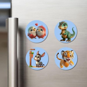 Birds, Dinosaur, Donkey, and Tiger. Fridge Magnets 4 Piece Set | 3 Inch Round Wall Fridge Decor (F23057)