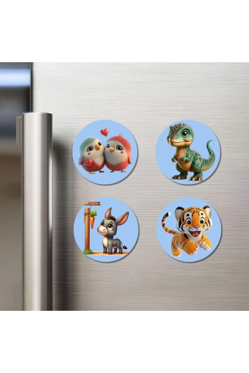 Birds, Dinosaur, Donkey, and Tiger. Fridge Magnets 4 Piece Set | 3 Inch Round Wall Fridge Decor (F23057)