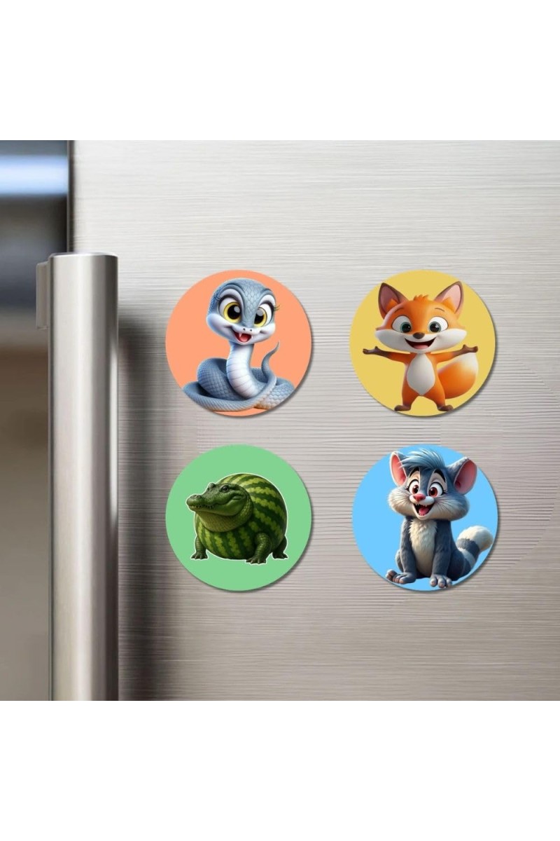 Snake, Fox, Armadillo, and Wolf. Fridge Magnets 4 Piece Set | 3 Inch Round Wall Fridge Decor (F22975)