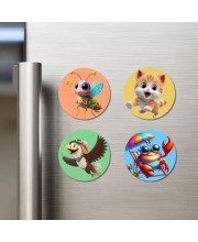 Monkey, Pigeon, Turtle, and Ladybug. Fridge Magnets 4 Piece Set | 3 Inch Round Wall Fridge Decor (F22960)