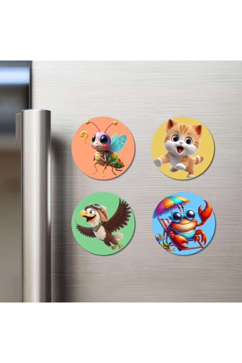 Monkey, Pigeon, Turtle, and Ladybug. Fridge Magnets 4 Piece Set | 3 Inch Round Wall Fridge Decor (F22960)