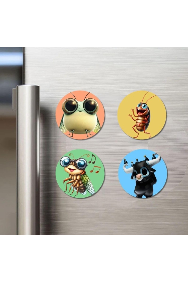 Fly, Cockroach, Cicada, and Yak. Fridge Magnets 4 Piece Set | 3 Inch Round Wall Fridge Decor (F23009)