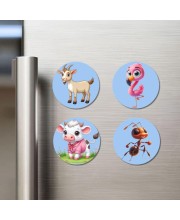 Goat, Flamingo, Cow, and Ant. Fridge Magnets 4 Piece Set | 3 Inch Round Wall Fridge Decor (F23095)