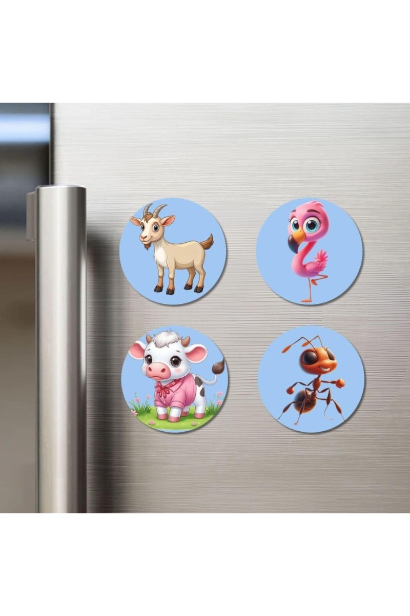 Goat, Flamingo, Cow, and Ant. Fridge Magnets 4 Piece Set | 3 Inch Round Wall Fridge Decor (F23095)