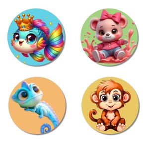 Rainbow Fish, Mouse, Chameleon, and Monkey. Fridge Magnets 4 Piece Set | 3 Inch Round Wall Fridge Decor (F22926)