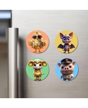 Chick, Bat, Sheep, and Pig. Fridge Magnets 4 Piece Set | 3 Inch Round Wall Fridge Decor (F23019)