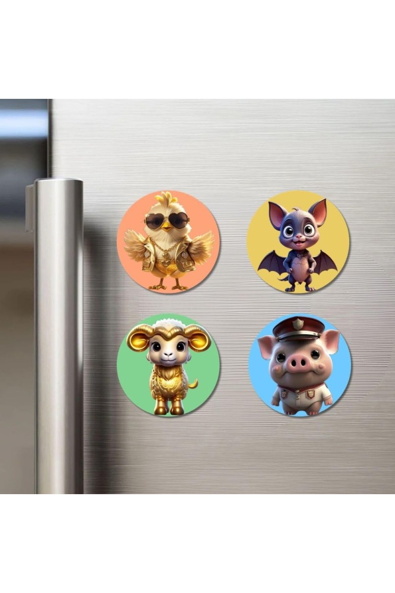 Chick, Bat, Sheep, and Pig. Fridge Magnets 4 Piece Set | 3 Inch Round Wall Fridge Decor (F23019)