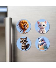 Lion, Cat, Raccoon, and Bird. Fridge Magnets 4 Piece Set | 3 Inch Round Wall Fridge Decor (F23145)