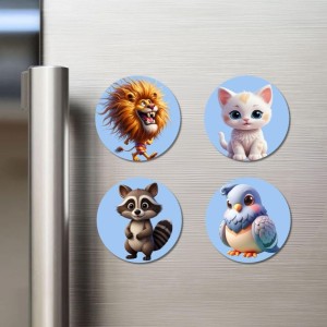 Lion, Cat, Raccoon, and Bird. Fridge Magnets 4 Piece Set | 3 Inch Round Wall Fridge Decor (F23145)