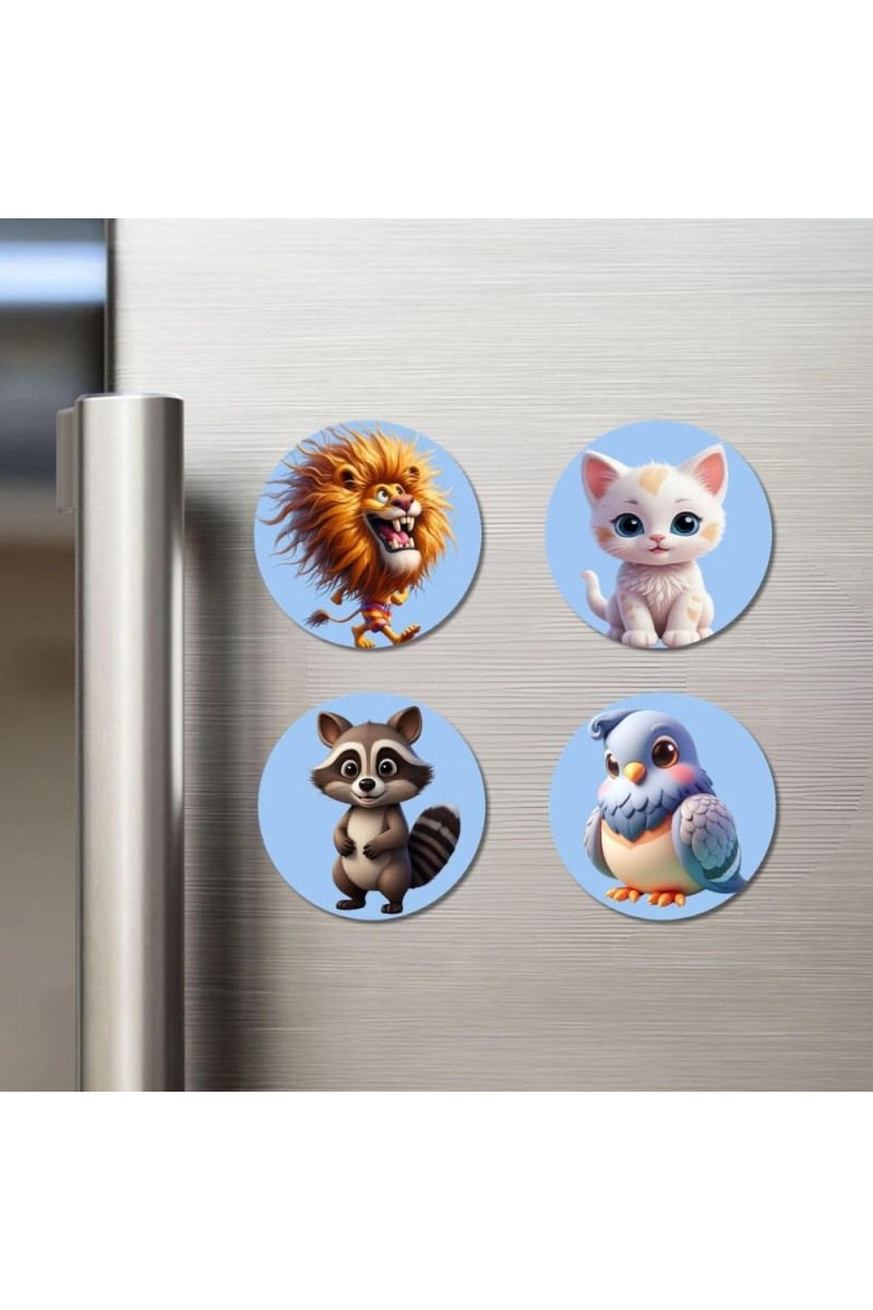 Lion, Cat, Raccoon, and Bird. Fridge Magnets 4 Piece Set | 3 Inch Round Wall Fridge Decor (F23145)