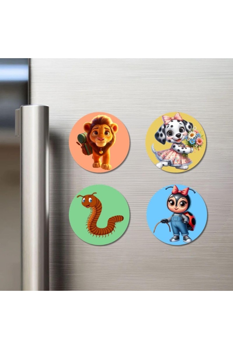 Lion, Dog, Centipede, and Ladybug. Fridge Magnets 4 Piece Set | 3 Inch Round Wall Fridge Decor (F23042)