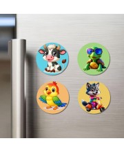 Cow, Turtle, Parrot, and Wolf. Fridge Magnets 4 Piece Set | 3 Inch Round Wall Fridge Decor (F22921)