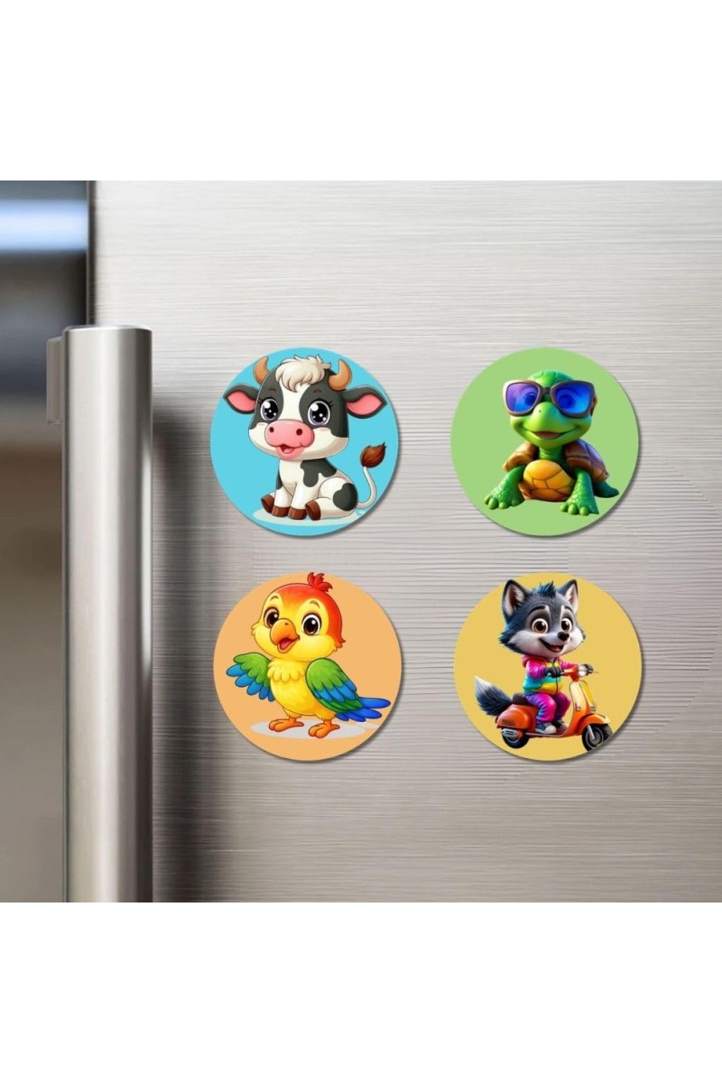 Cow, Turtle, Parrot, and Wolf. Fridge Magnets 4 Piece Set | 3 Inch Round Wall Fridge Decor (F22921)