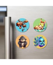 Moose, Donkey, Gorilla, and Peacock. Fridge Magnets 4 Piece Set | 3 Inch Round Wall Fridge Decor (F22940)