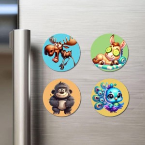 Moose, Donkey, Gorilla, and Peacock. Fridge Magnets 4 Piece Set | 3 Inch Round Wall Fridge Decor (F22940)