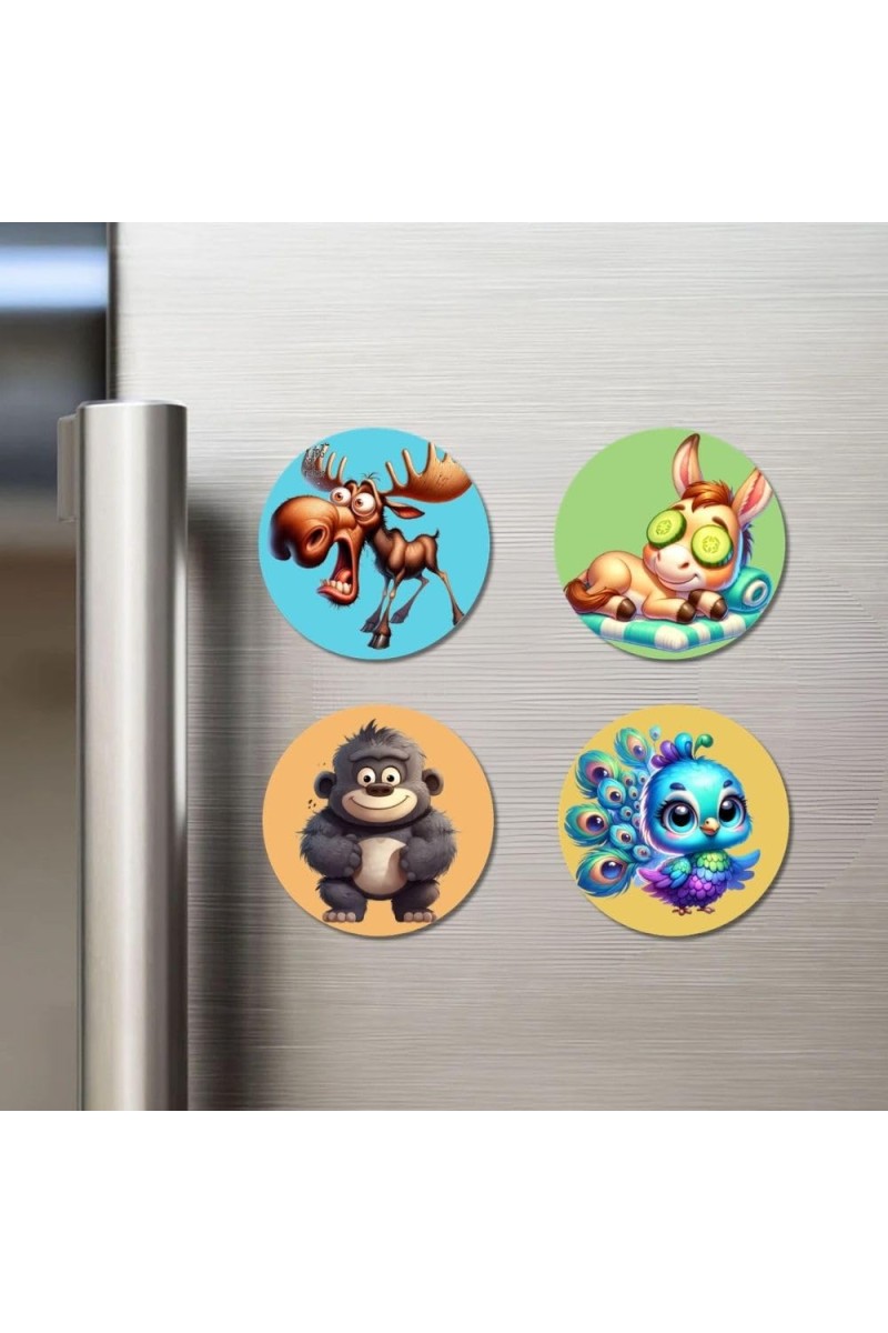 Moose, Donkey, Gorilla, and Peacock. Fridge Magnets 4 Piece Set | 3 Inch Round Wall Fridge Decor (F22940)