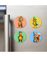 Duck, Bird, Tiger, Squirrel Fridge Magnets 4 Piece Set | 3 Inch Round Wall Fridge Decor (F23036)