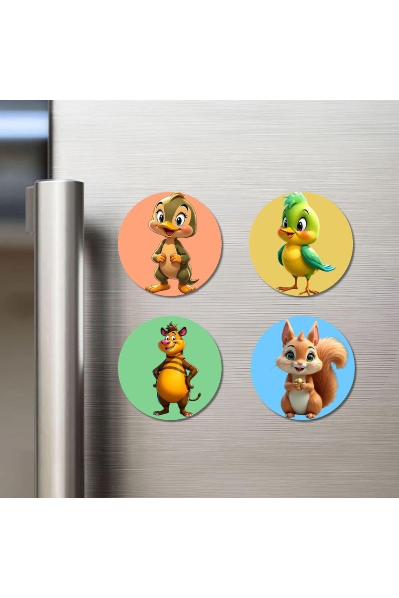 Duck, Bird, Tiger, Squirrel Fridge Magnets 4 Piece Set | 3 Inch Round Wall Fridge Decor (F23036)