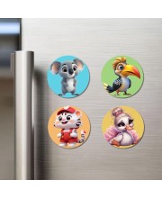 Koala, Toucan, Tiger, and Swan. Fridge Magnets 4 Piece Set | 3 Inch Round Wall Fridge Decor (F22870)