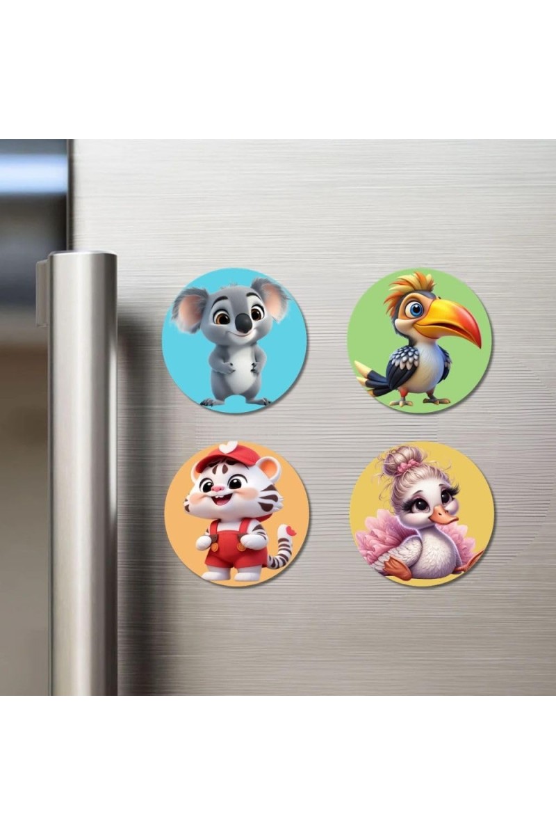 Koala, Toucan, Tiger, and Swan. Fridge Magnets 4 Piece Set | 3 Inch Round Wall Fridge Decor (F22870)