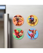 Dog, Chicken, Ladybug, and Kangaroo. Fridge Magnets 4 Piece Set | 3 Inch Round Wall Fridge Decor (F22996)