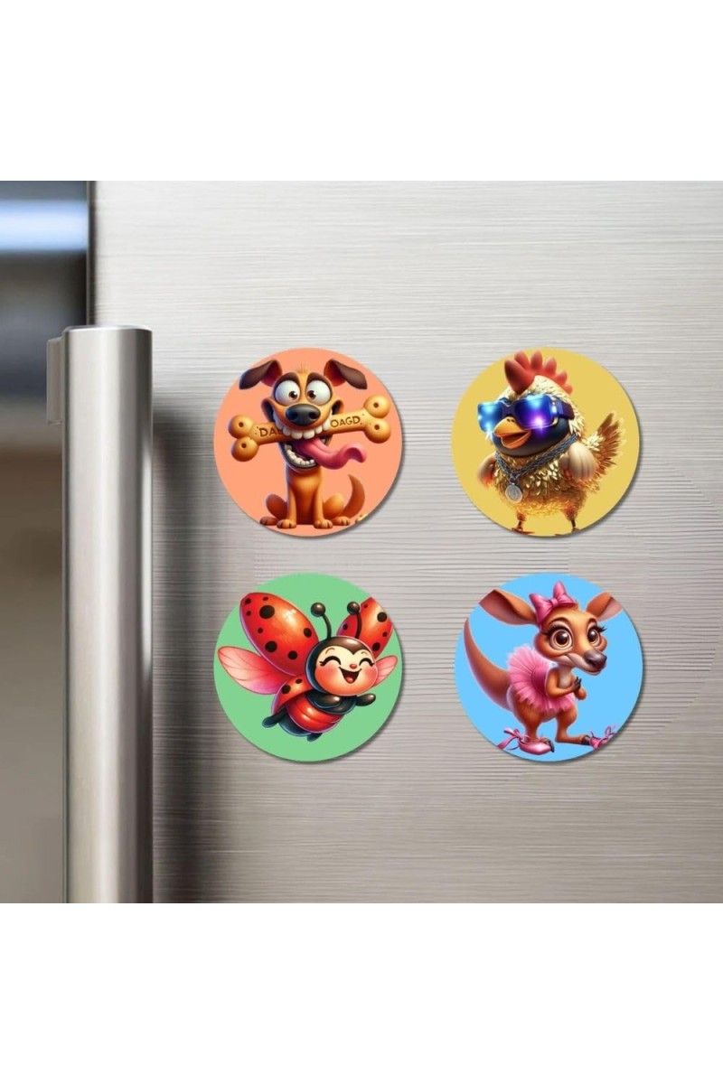 Dog, Chicken, Ladybug, and Kangaroo. Fridge Magnets 4 Piece Set | 3 Inch Round Wall Fridge Decor (F22996)