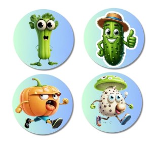 Celery, Cucumber, Pumpkin, Mushroom Fridge Magnets 4 Piece Set | 3 Inch Round Wall Fridge Decor (F23331) Celery, Cucumber, Pumpkin, Mushroom Fridge Magnets 4 Piece Set | 3 Inch Round Wall Fridge Decor (F23331)