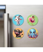 Goat, Flamingo, Buffalo, and Octopus. Fridge Magnets 4 Piece Set | 3 Inch Round Wall Fridge Decor (F22922)