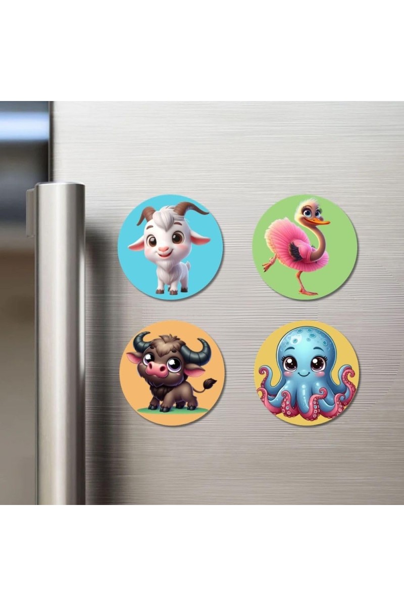 Goat, Flamingo, Buffalo, and Octopus. Fridge Magnets 4 Piece Set | 3 Inch Round Wall Fridge Decor (F22922)