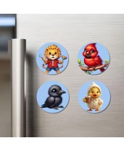 Lion, Cardinal, Crow, and Chick. Fridge Magnets 4 Piece Set | 3 Inch Round Wall Fridge Decor (F23104)