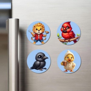 Lion, Cardinal, Crow, and Chick. Fridge Magnets 4 Piece Set | 3 Inch Round Wall Fridge Decor (F23104)