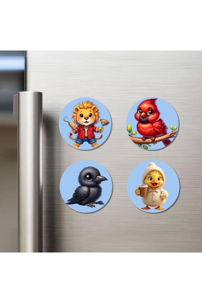 Lion, Cardinal, Crow, and Chick. Fridge Magnets 4 Piece Set | 3 Inch Round Wall Fridge Decor (F23104)