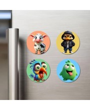 Cow, Duck, Bird, and Alien. Fridge Magnets 4 Piece Set | 3 Inch Round Wall Fridge Decor (F22998)