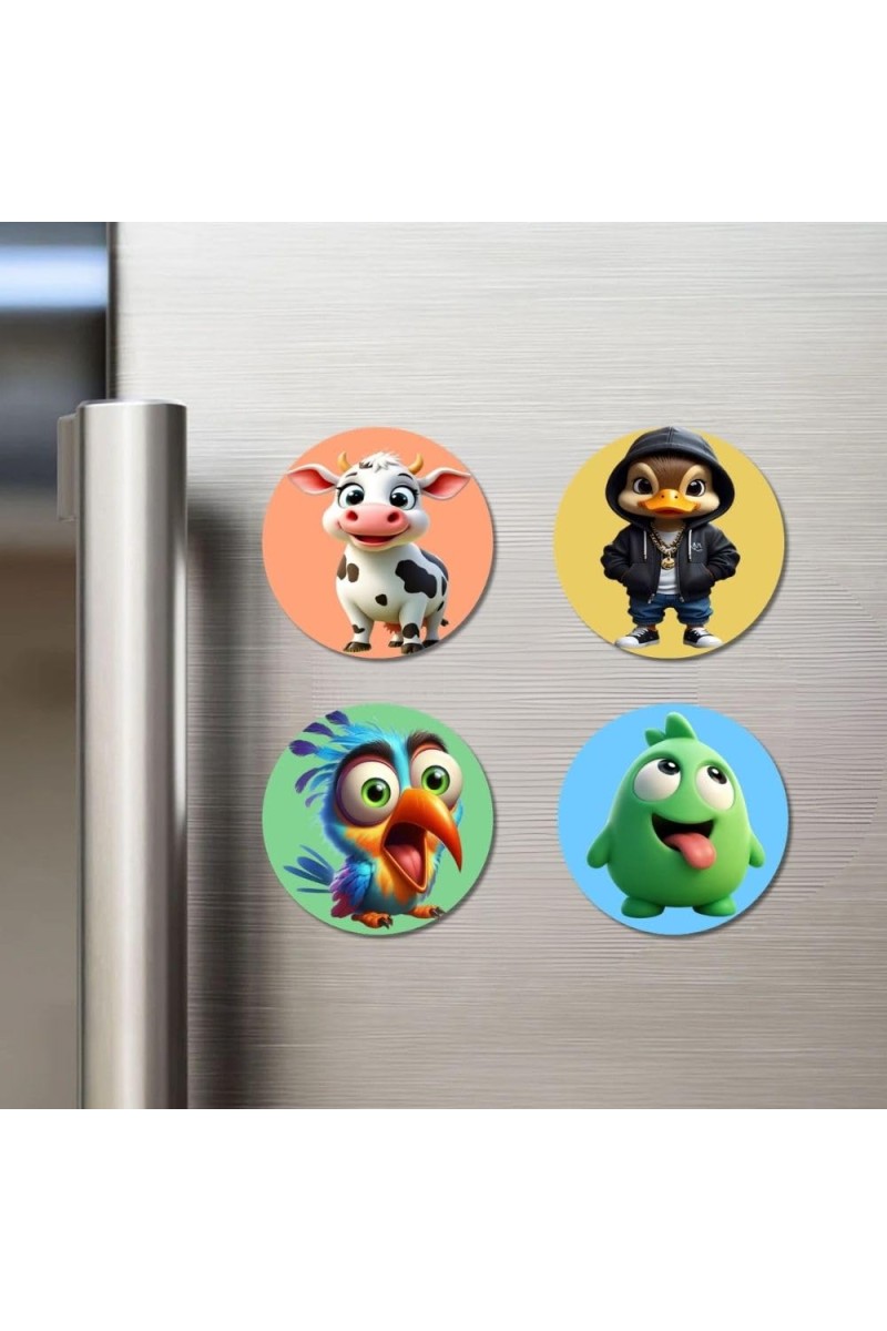 Cow, Duck, Bird, and Alien. Fridge Magnets 4 Piece Set | 3 Inch Round Wall Fridge Decor (F22998)
