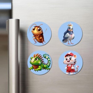 Cockroach, Pigeon, Iguana, and Tiger. Fridge Magnets 4 Piece Set | 3 Inch Round Wall Fridge Decor (F23096)