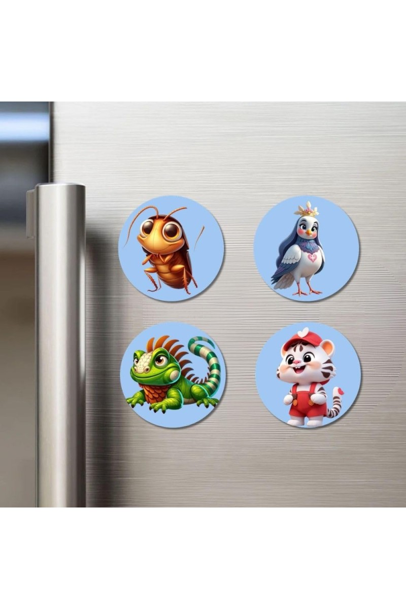 Cockroach, Pigeon, Iguana, and Tiger. Fridge Magnets 4 Piece Set | 3 Inch Round Wall Fridge Decor (F23096)