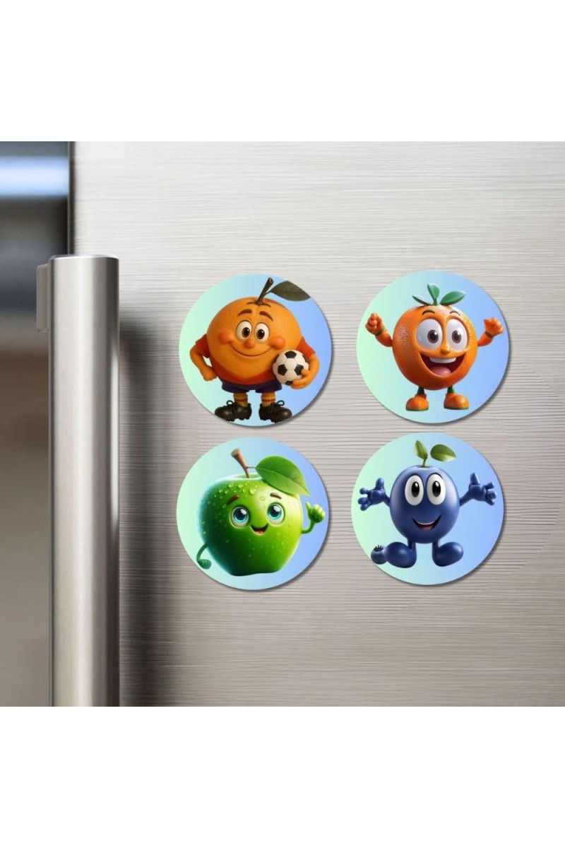Orange, Tangerine, Green Apple, Blueberry Fridge Magnets 4 Piece Set | 3 Inch Round Wall Fridge Decor (F23277)