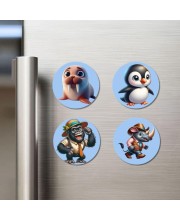 Walrus, Penguin, Gorilla, and Rhino. Fridge Magnets 4 Piece Set | 3 Inch Round Wall Fridge Decor (F23083)