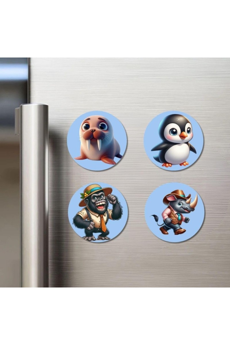 Walrus, Penguin, Gorilla, and Rhino. Fridge Magnets 4 Piece Set | 3 Inch Round Wall Fridge Decor (F23083)