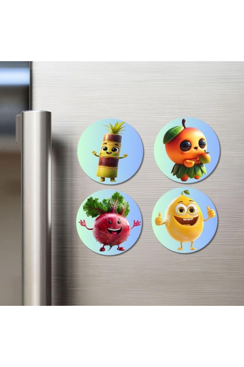 Pineapple, Orange, Beetroot, Lemon Fridge Magnets 4 Piece Set | 3 Inch Round Wall Fridge Decor (F23278)